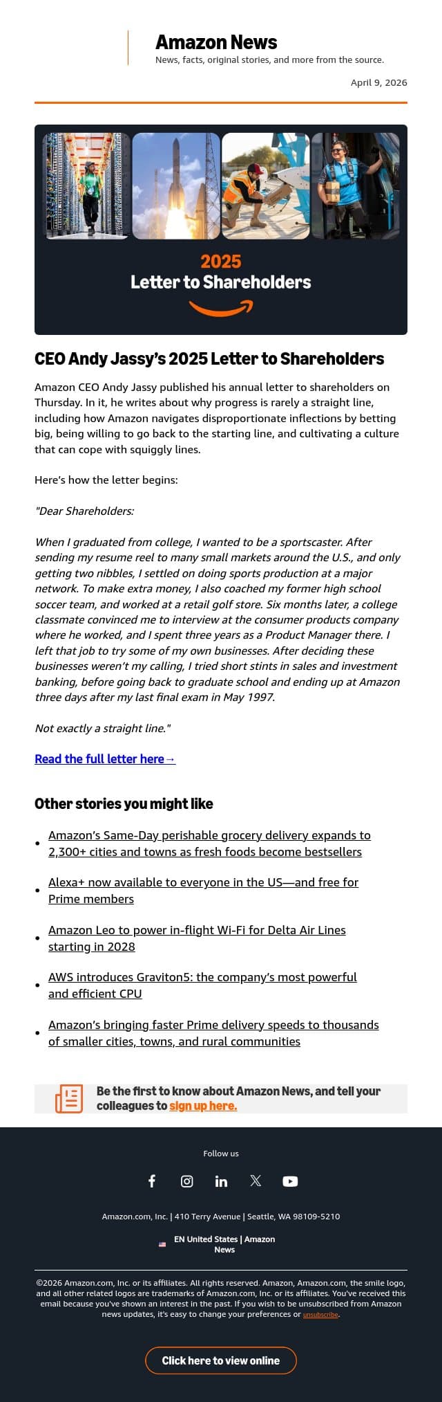 CEO Andy Jassy’s 2025 Letter to Shareholders email from Amazon screenshot