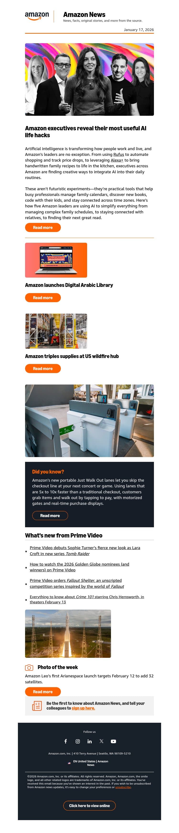 Amazon leaders share their best AI life hacks email from Amazon screenshot