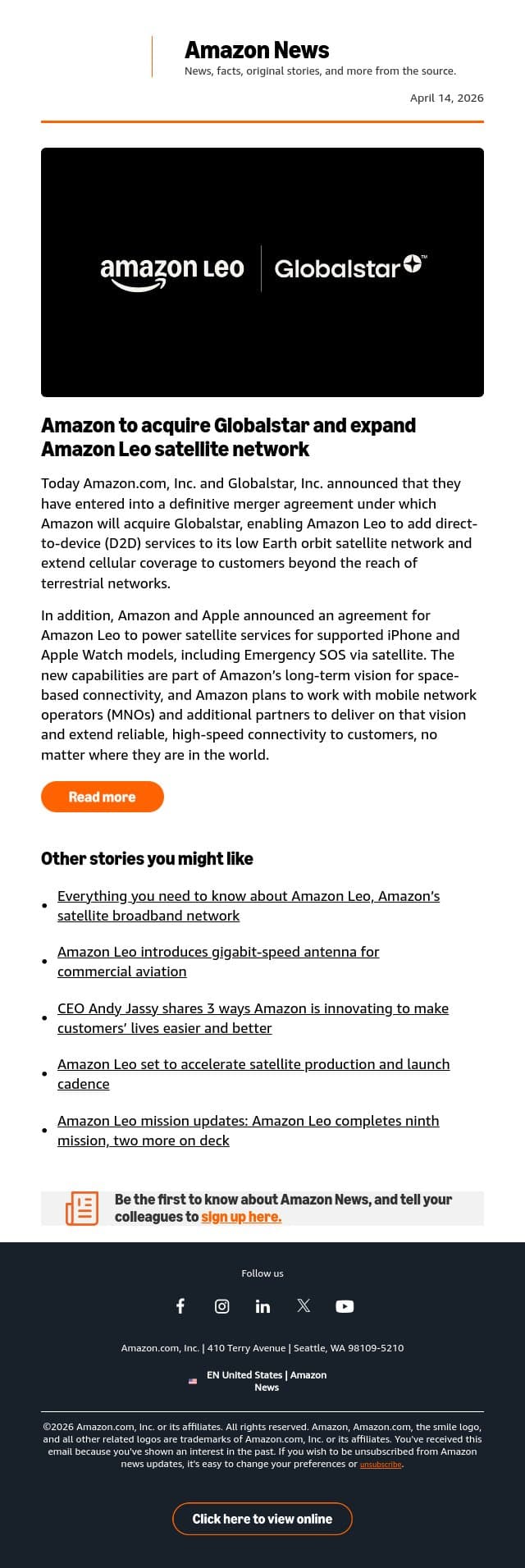 Amazon to acquire Globalstar and partner with Apple email from Amazon screenshot