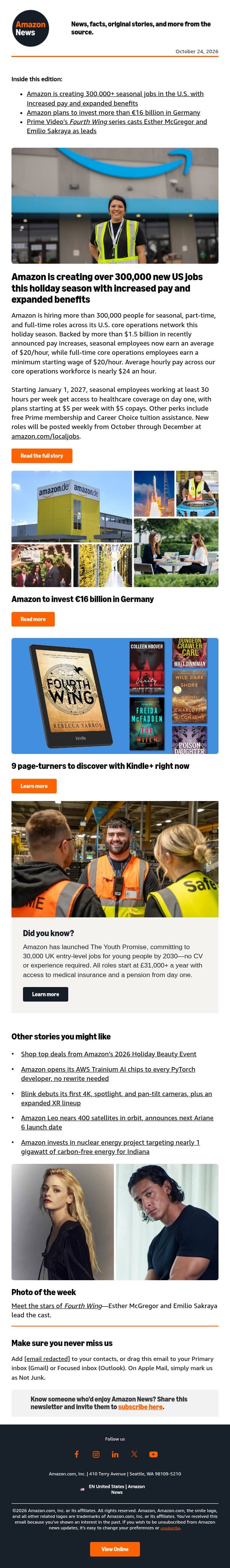 Amazon is creating 300,000+ US jobs this holiday season email from Amazon screenshot