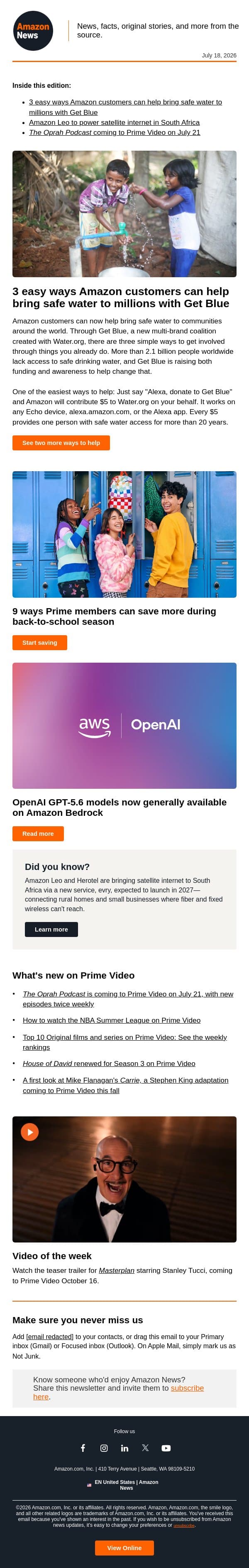 3 easy ways Amazon customers can help solve the water crisis email from Amazon screenshot