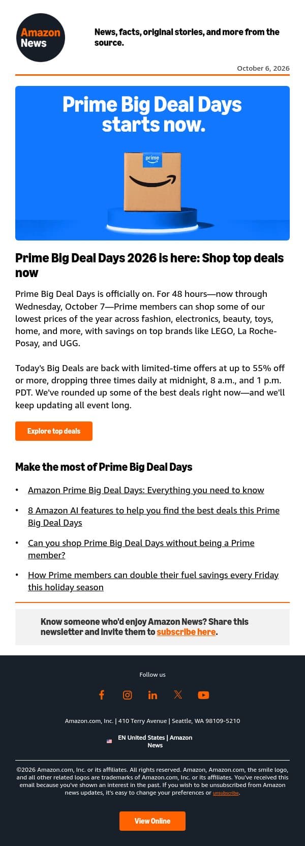 Prime Big Deal Days is live—shop now email from Amazon screenshot