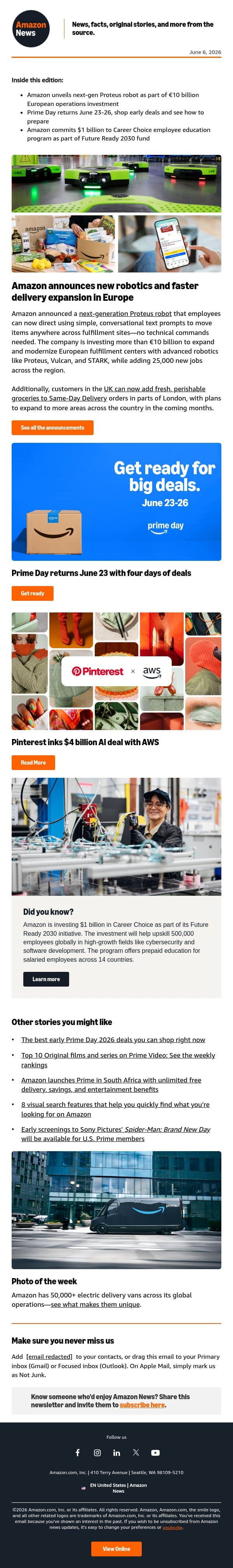 Amazon reveals next-gen robot as part of €10B investment email from Amazon screenshot