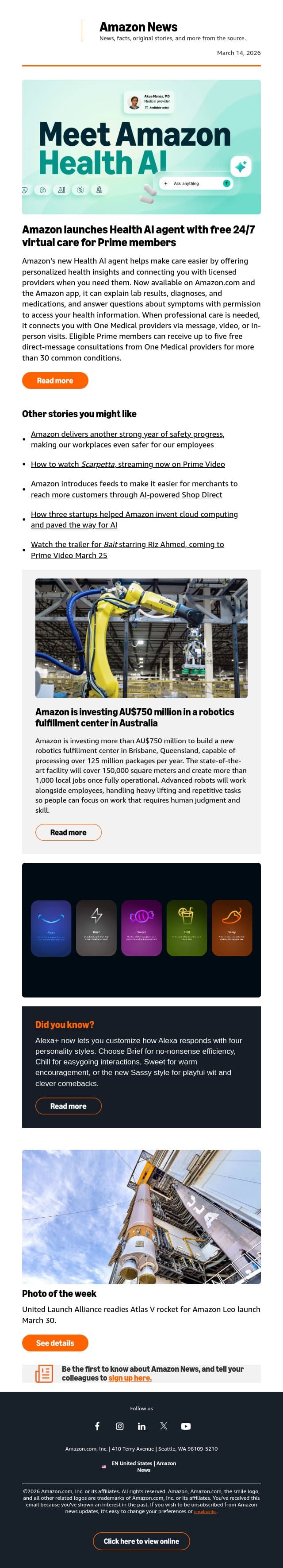 Amazon launches Health AI with free virtual care for Prime members email from Amazon screenshot