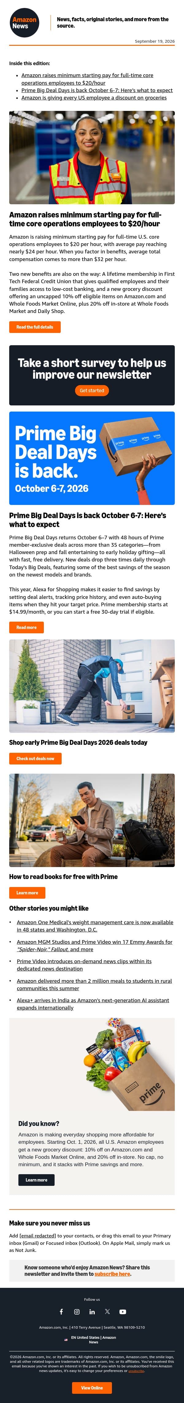 Amazon raises minimum starting pay to $20/hour email from Amazon screenshot