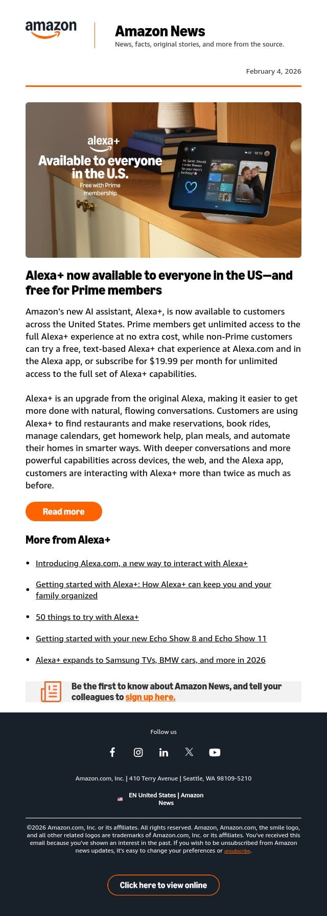 Breaking: Alexa+ now free with Prime membership email from Amazon screenshot