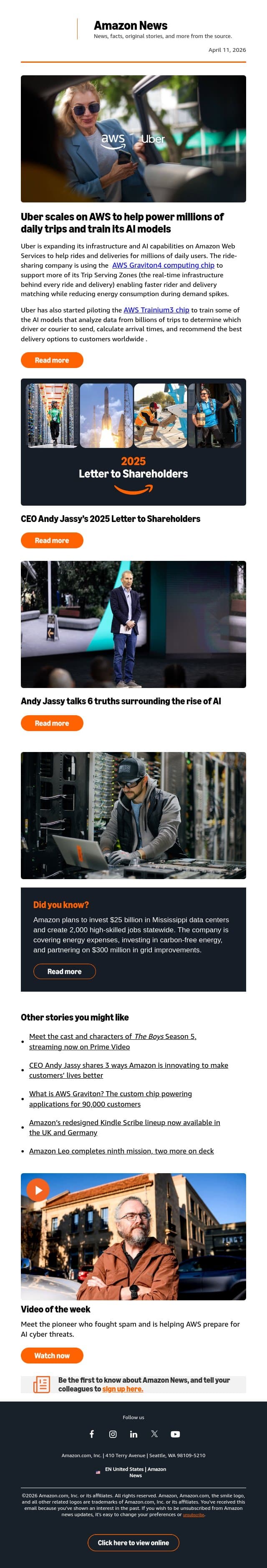 Uber gets faster and smarter with AI on AWS email from Amazon screenshot