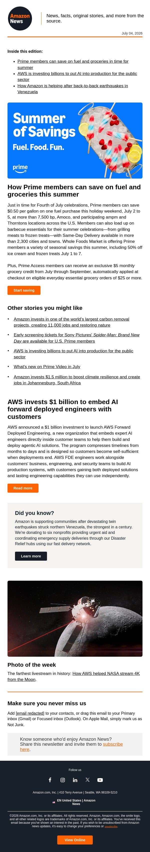 How Prime members can save on fuel and groceries this summer email from Amazon screenshot