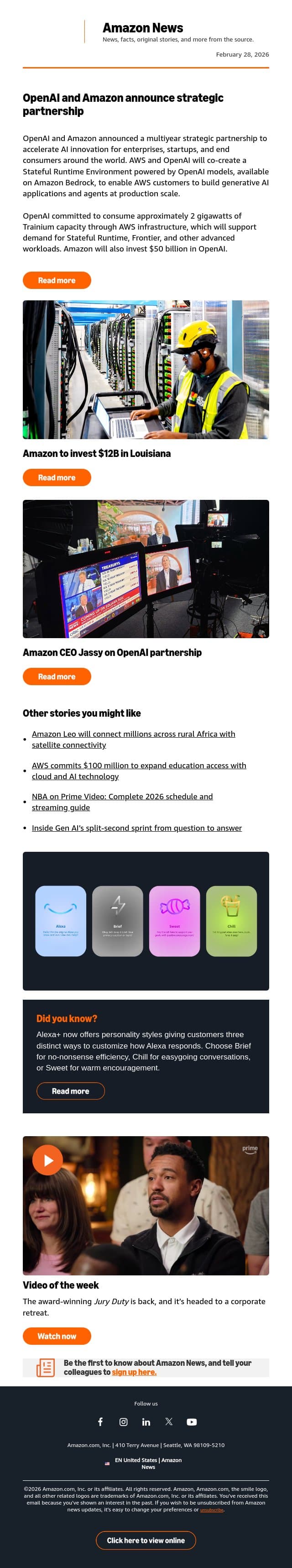 OpenAI and Amazon announce strategic partnership email from Amazon screenshot