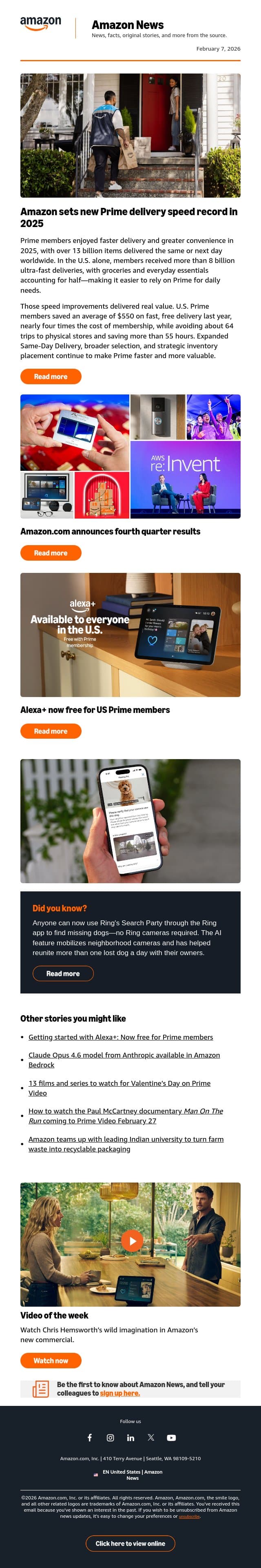 Amazon sets new Prime delivery speed record in 2025 email from Amazon screenshot