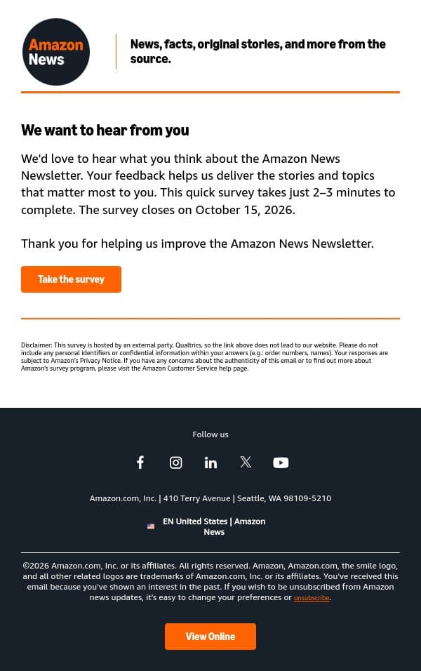 Help shape the Amazon News Newsletter — take our quick survey email from Amazon screenshot
