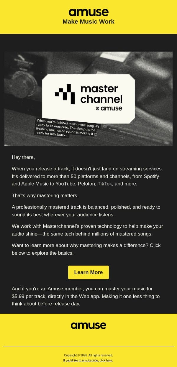 Mastering Your Music: Why It Matters email from Amuse screenshot