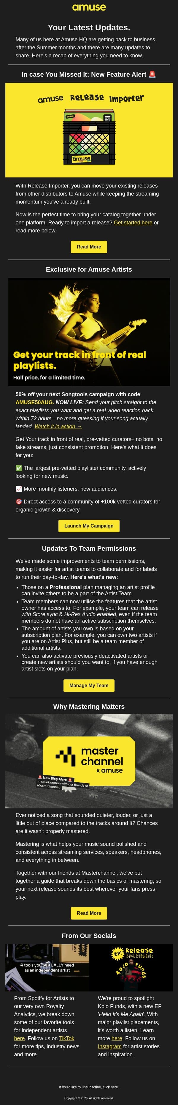 Amuse Updates email from Amuse screenshot