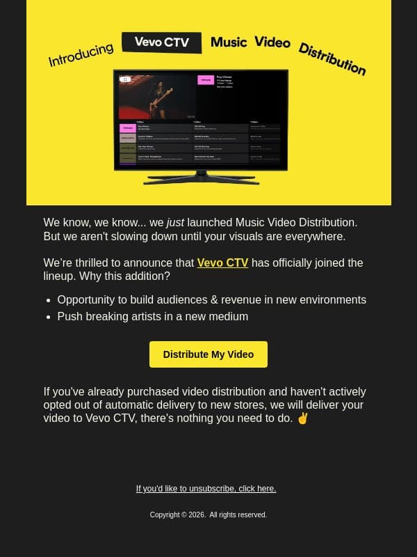 New Store Alert: Your music videos are heading to Vevo CTV email from Amuse screenshot