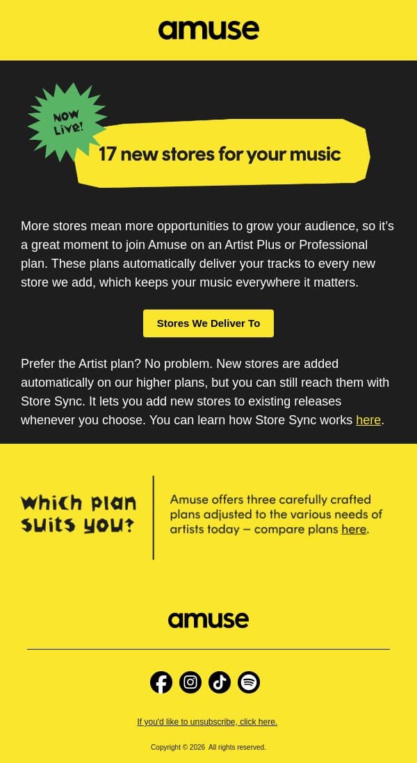 We Just Added 17 New Stores For Your Music. email from Amuse screenshot