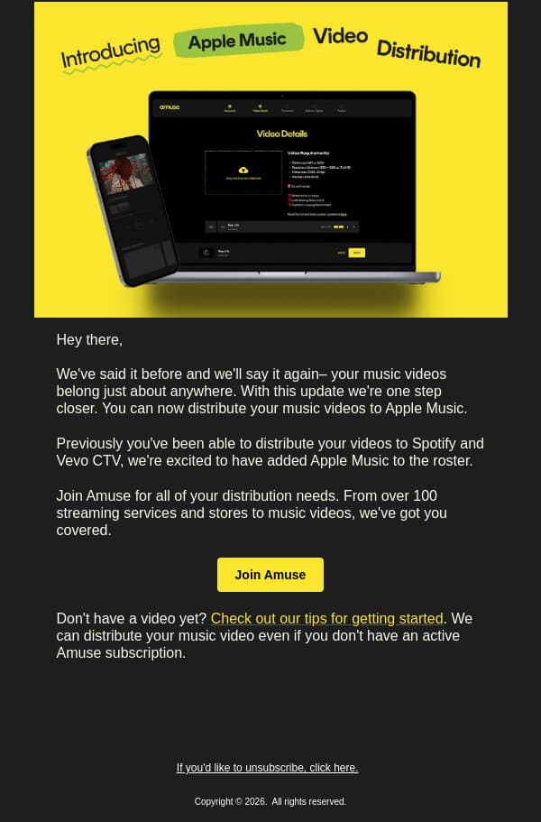 Music Video Distribution to Apple Music is Here email from Amuse screenshot