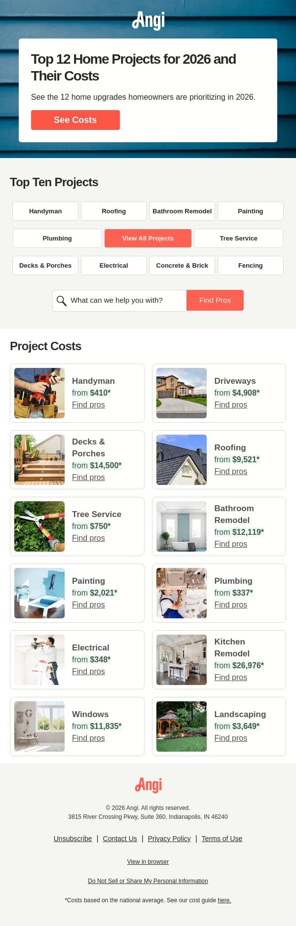 Top 12 home projects for 2026 and their costs email from Angi screenshot