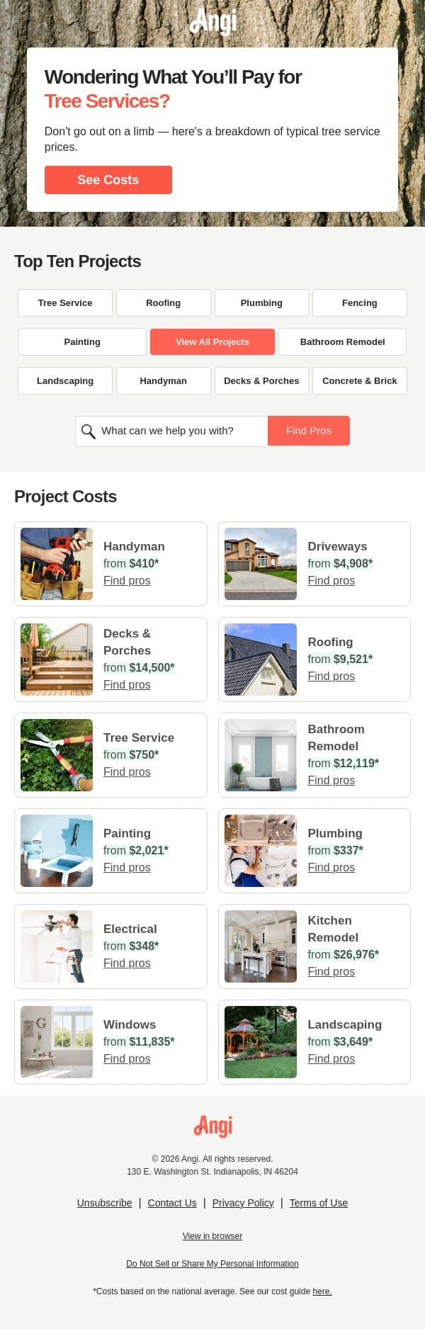 Tree service costs in your neighborhood email from Angi screenshot
