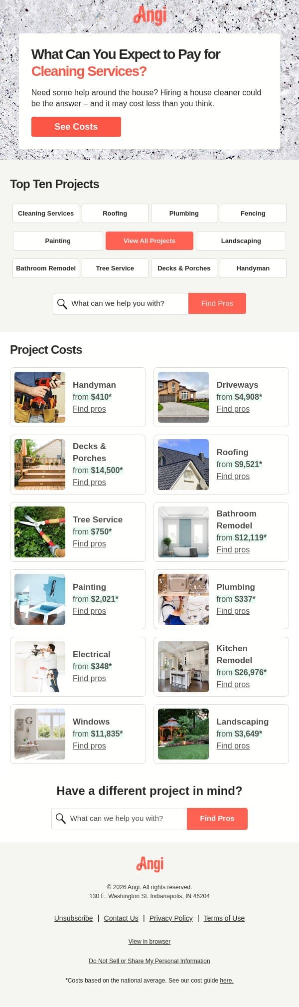 Cleaning costs email from Angi screenshot