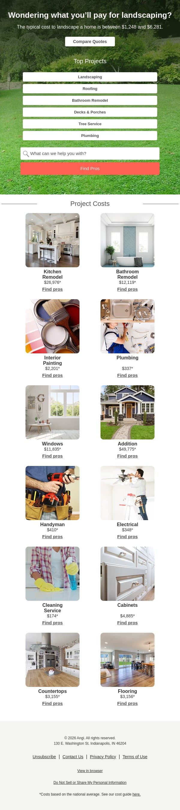 Landscaping Costs in Your Neighborhood email from Angi screenshot
