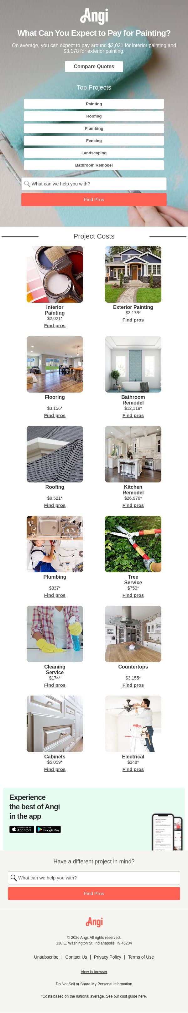 Painting Costs (Interior & Exterior) email from Angi screenshot