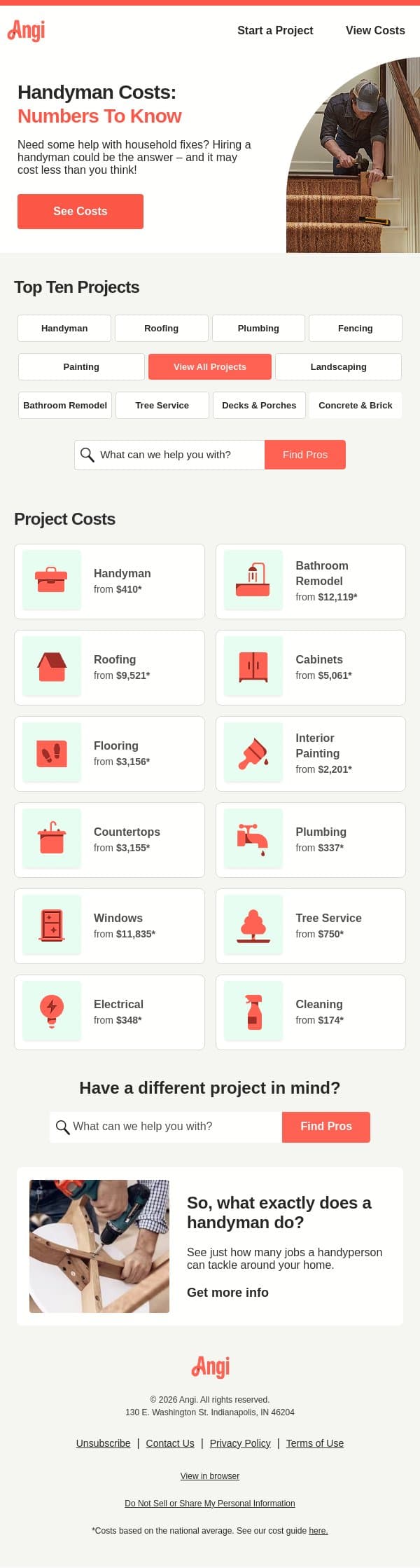 Re: Handyman rates email from Angi screenshot