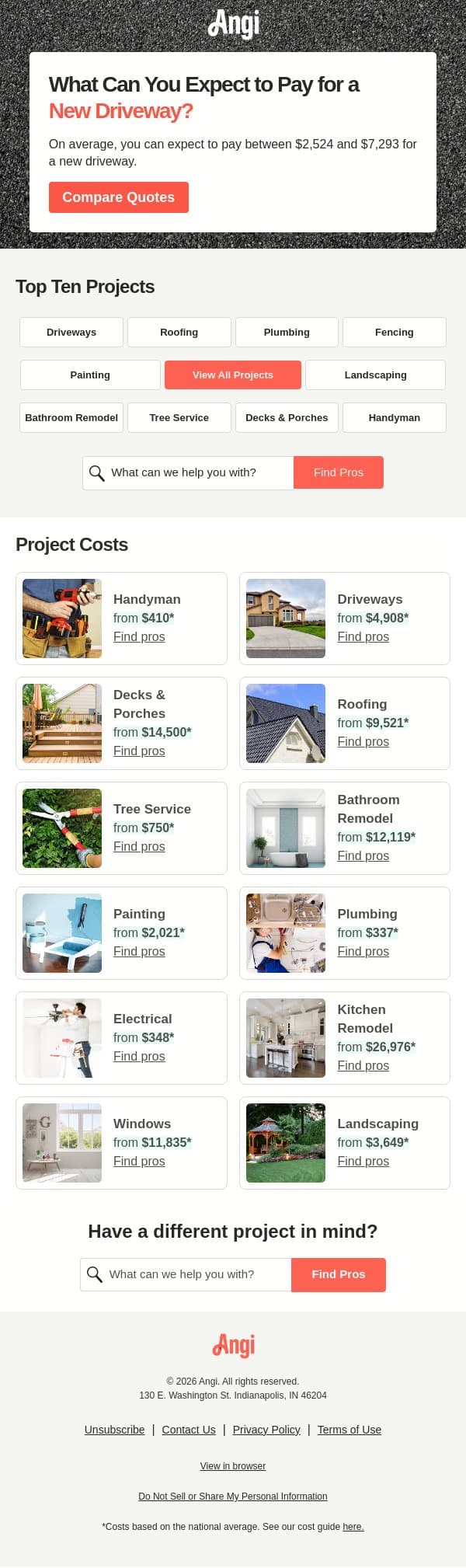 Re: Driveway costs email from Angi screenshot