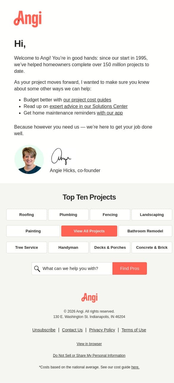 A welcome from our co-founder, Angie Hicks email from Angi screenshot