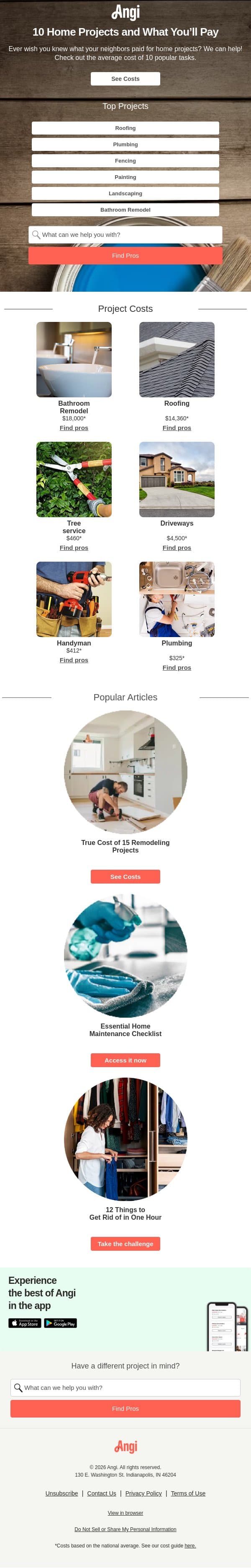 10 home project costs (see what your neighbors paid) email from Angi screenshot