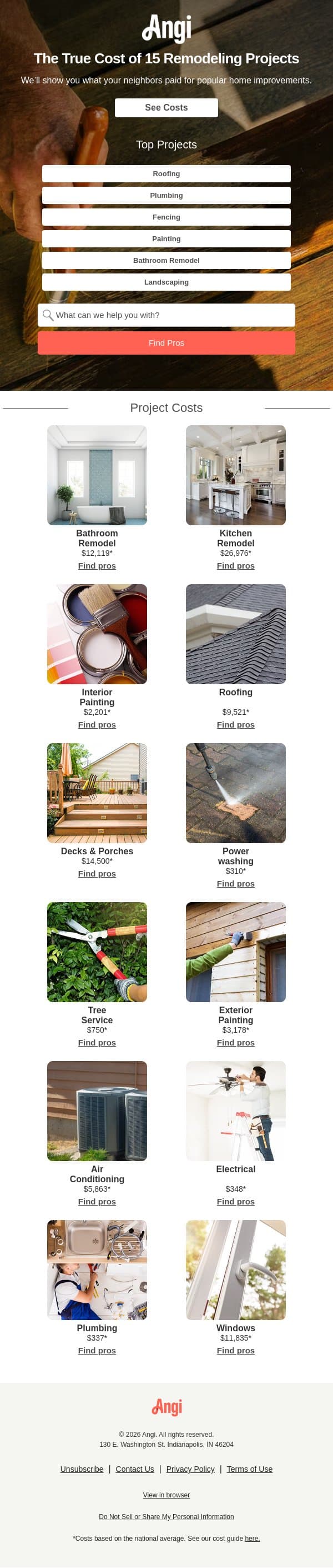 See what your neighbors paid for these 15 renovation projects email from Angi screenshot
