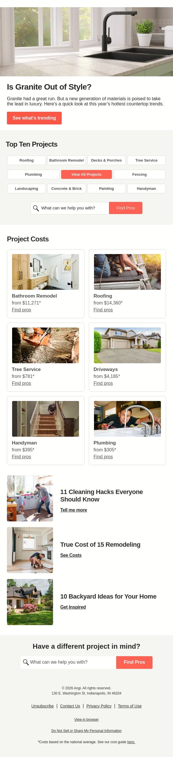 Granite's OUT. (Here's What's IN!) email from Angi screenshot