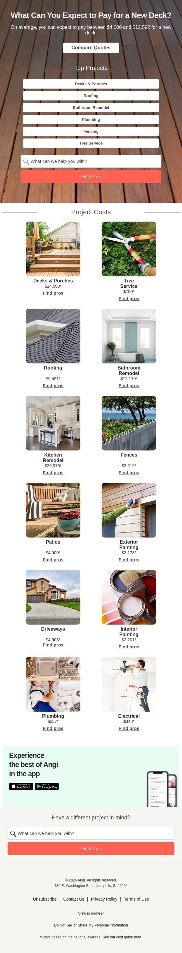Deck & Porch Costs email from Angi screenshot