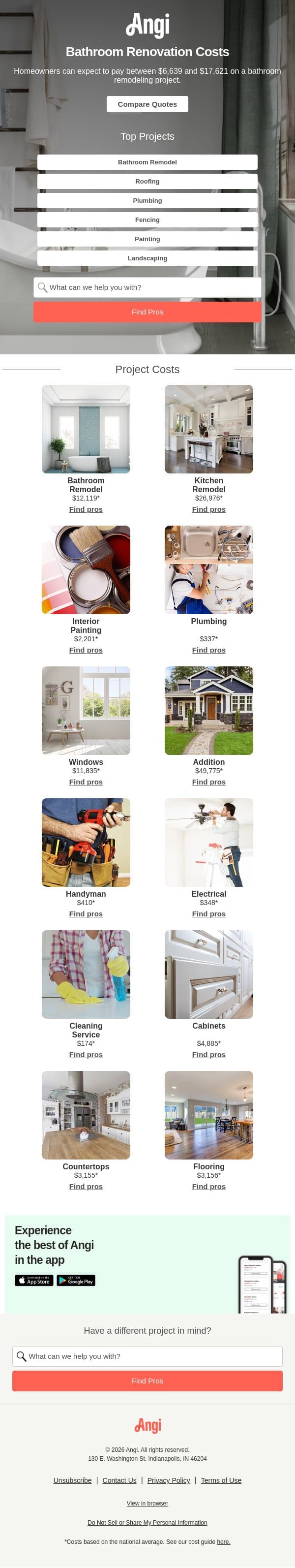 Bathroom remodel costs email from Angi screenshot