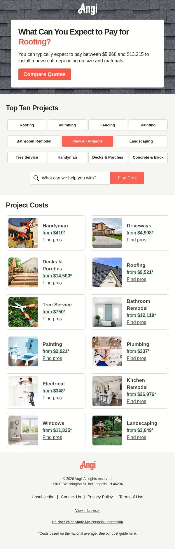 2026 Roofing Cost Guide email from Angi screenshot
