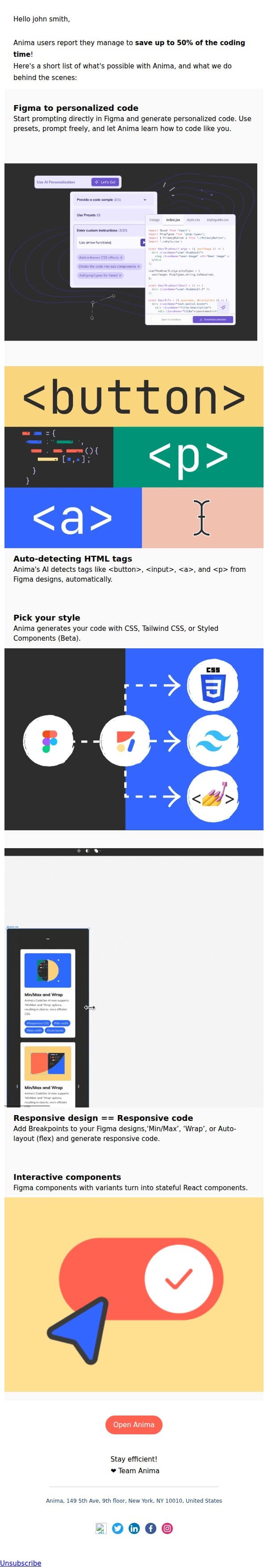 What can you expect from Anima's generated code email from Anima screenshot