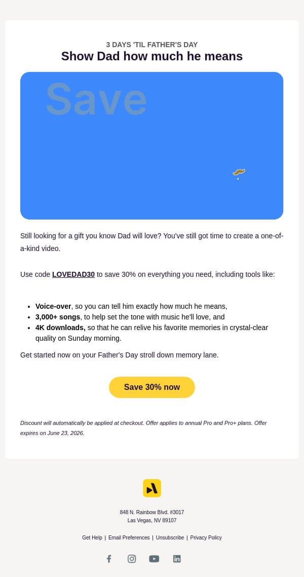 3 days 'til Father's Day email from Animoto screenshot