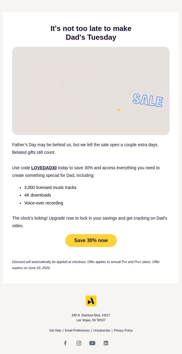 Going, going, almost gone: Father's Day savings email from Animoto screenshot