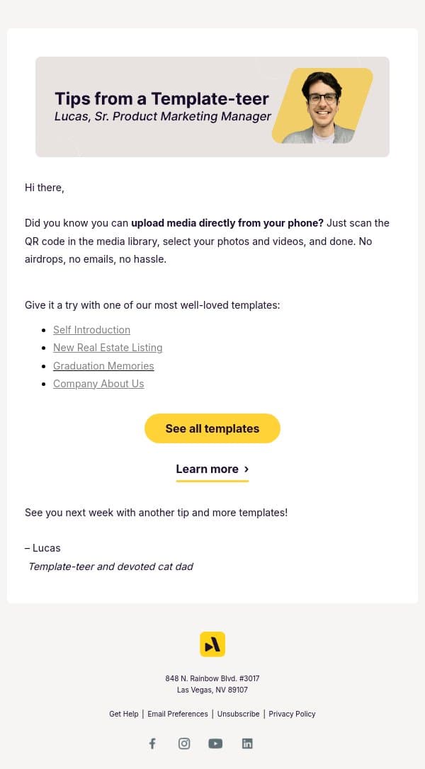 Upload from your phone instantly email from Animoto screenshot