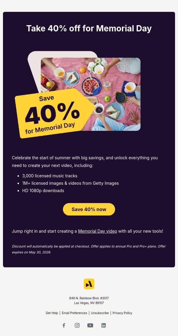 Our 40% sale will be gone in a flash! email from Animoto screenshot