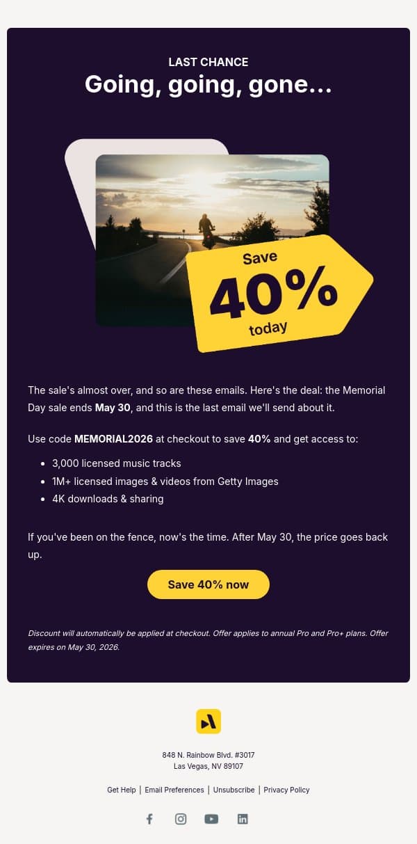 Last call for 40% off email from Animoto screenshot