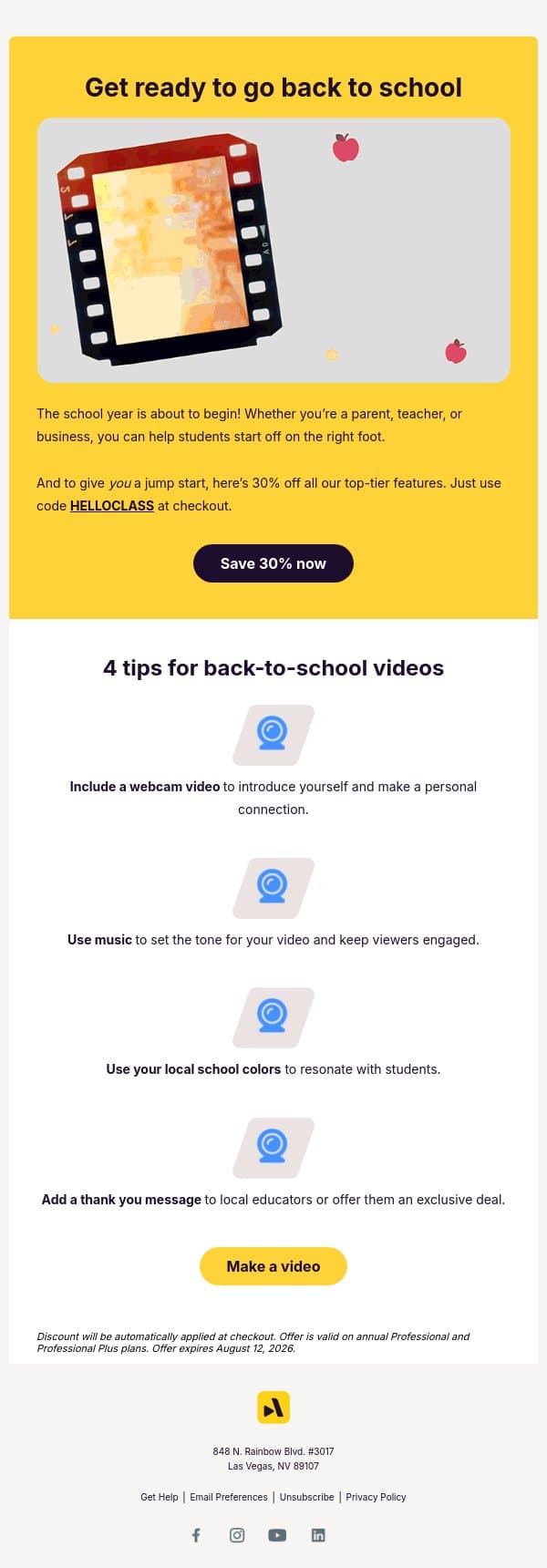 Save 30% on back-to-school videos email from Animoto screenshot
