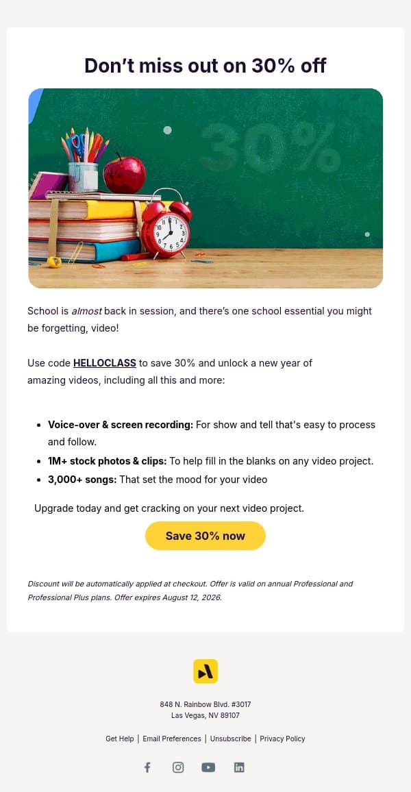 A+ savings: 30% off for back to school email from Animoto screenshot