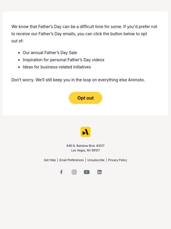 Prefer not to receive Father’s Day emails? email from Animoto screenshot