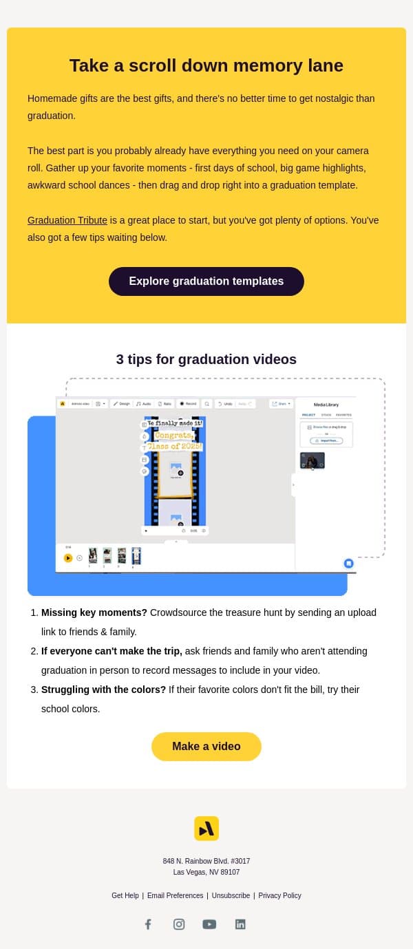 3 tips for the perfect graduation video email from Animoto screenshot
