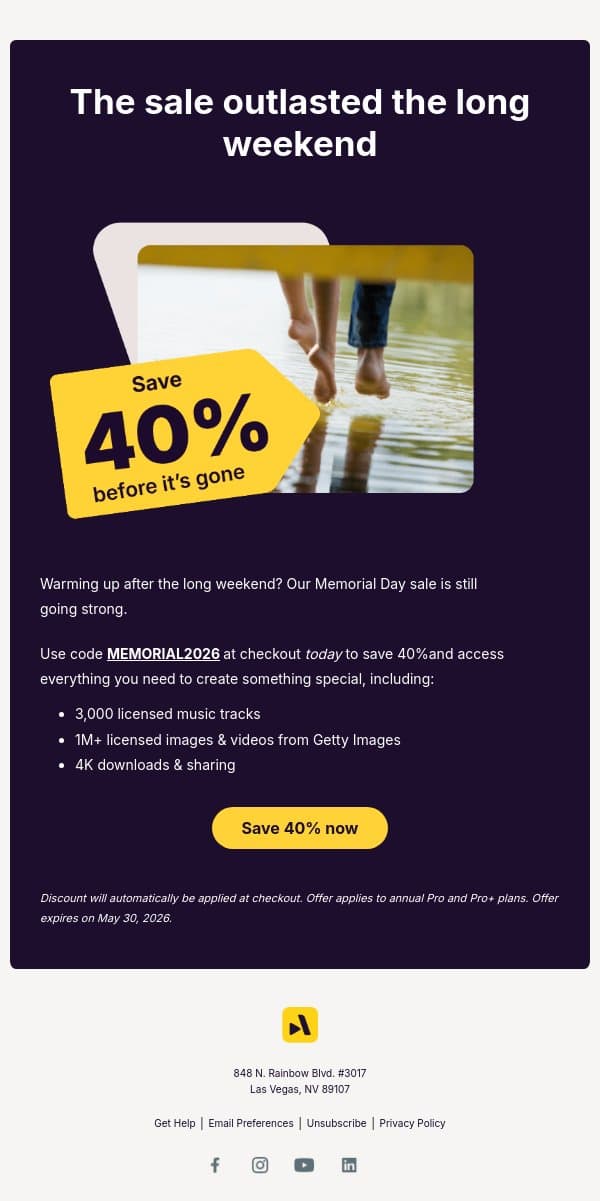The long weekend is over. The deal isn't. email from Animoto screenshot