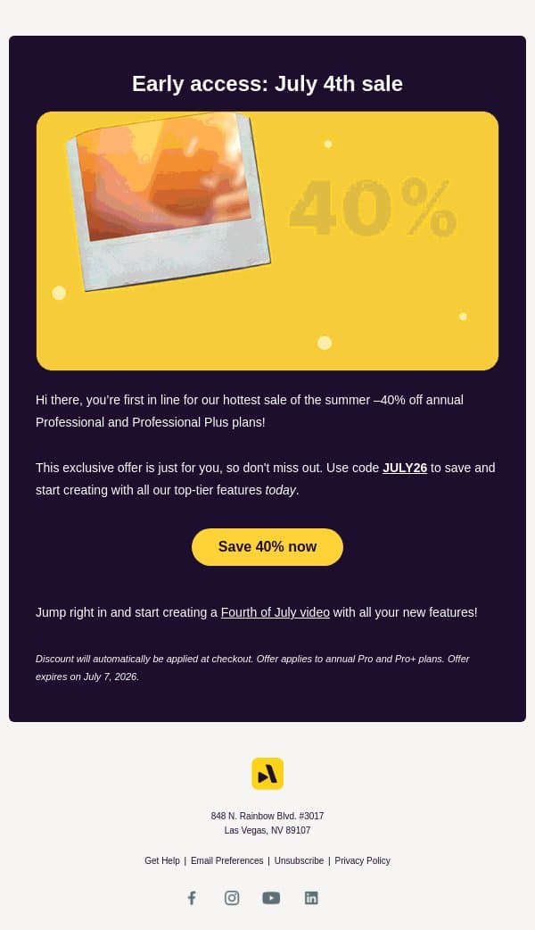 Early access just for you: 40% off email from Animoto screenshot