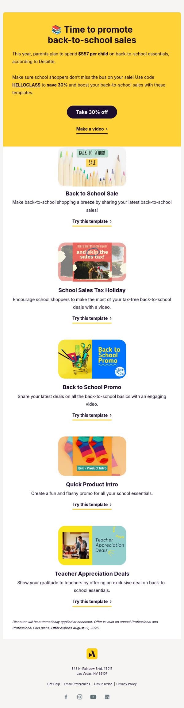 A+ templates for back-to-school videos email from Animoto screenshot