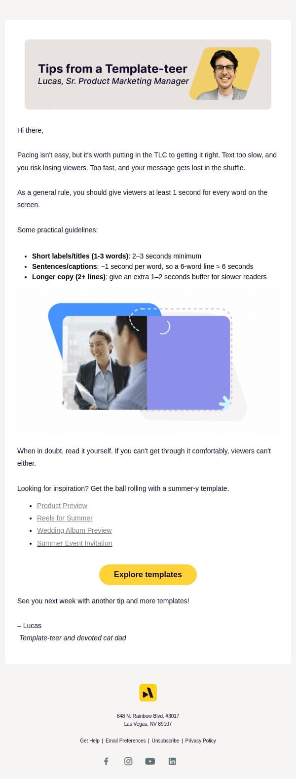 How long should you leave text on screen? email from Animoto screenshot