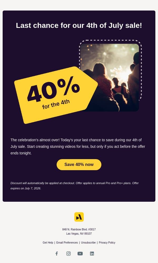 Last chance to save 40% email from Animoto screenshot