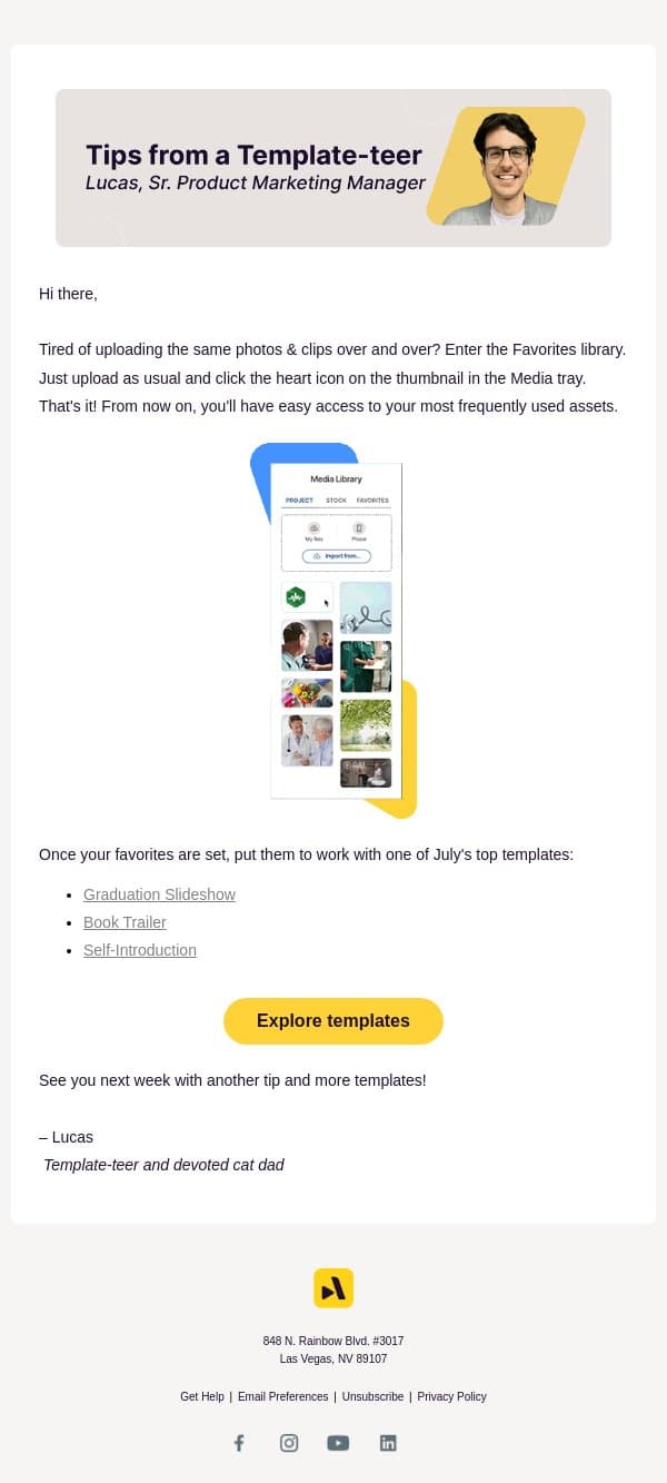 A faster way to reuse your favorite clips email from Animoto screenshot